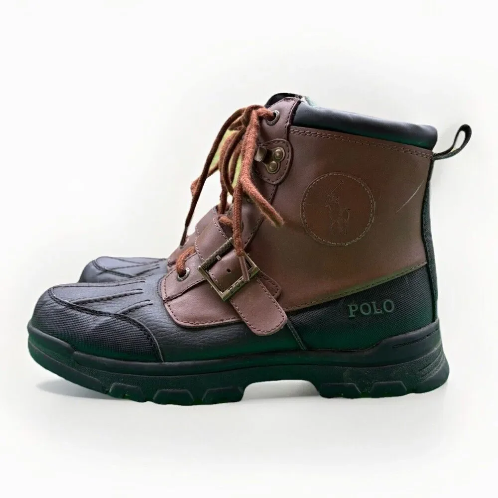 Polo Ralph Lauren Boys Colby Leather Duck Boots Youth Size 5 Lace Up Buckle Logo
